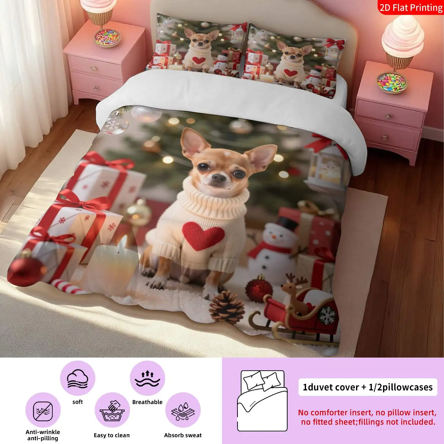Christmas Duvet Cover Set with Christmas Chihuahua Red Sweater Print Ultra Soft Brushed Bedding for Bedroom Hotel Dormitory
