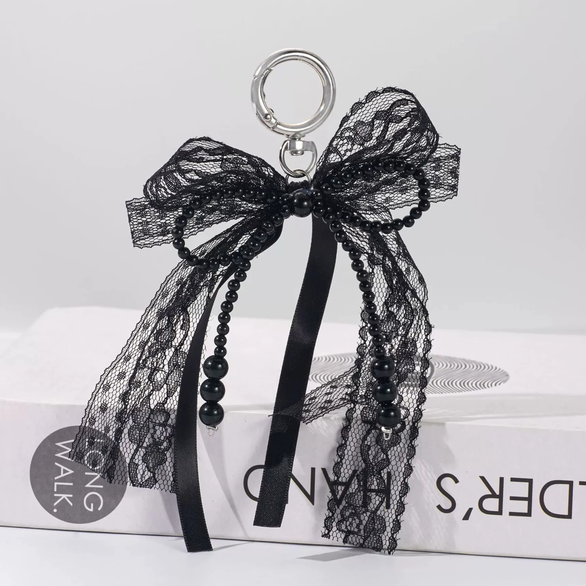 Fashion Black Lace Bow Keychain New Exquisite Bow Bead Ribbon Design Y2K Handbag Accessories Birthday Gift