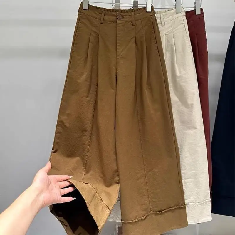 Wash water pure cotton wide leg pants autumn Korean version new high waisted slim fit loose straight leg casual pants