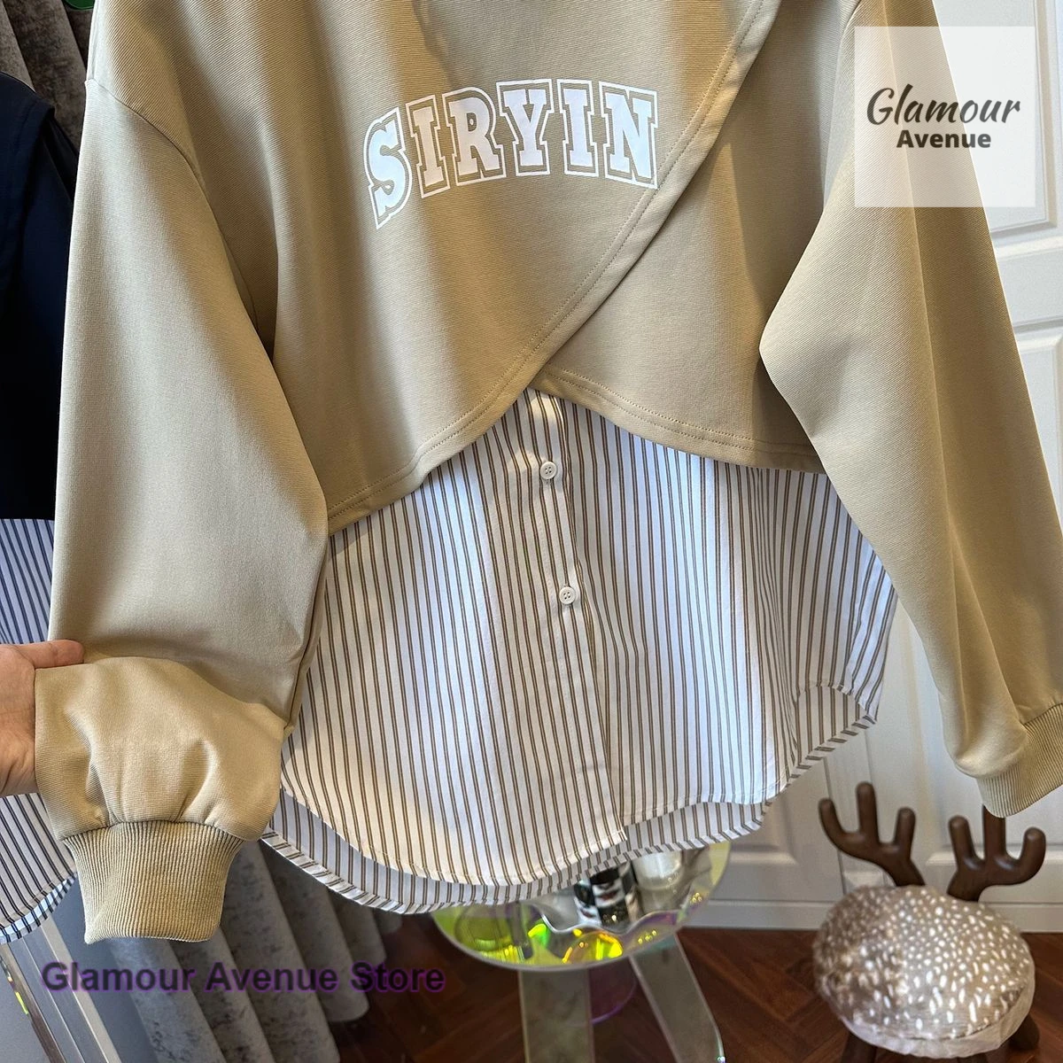 French style fashion plus size high sense stripe stitching sweater women spring and autumn loose temperament niche fake two tops