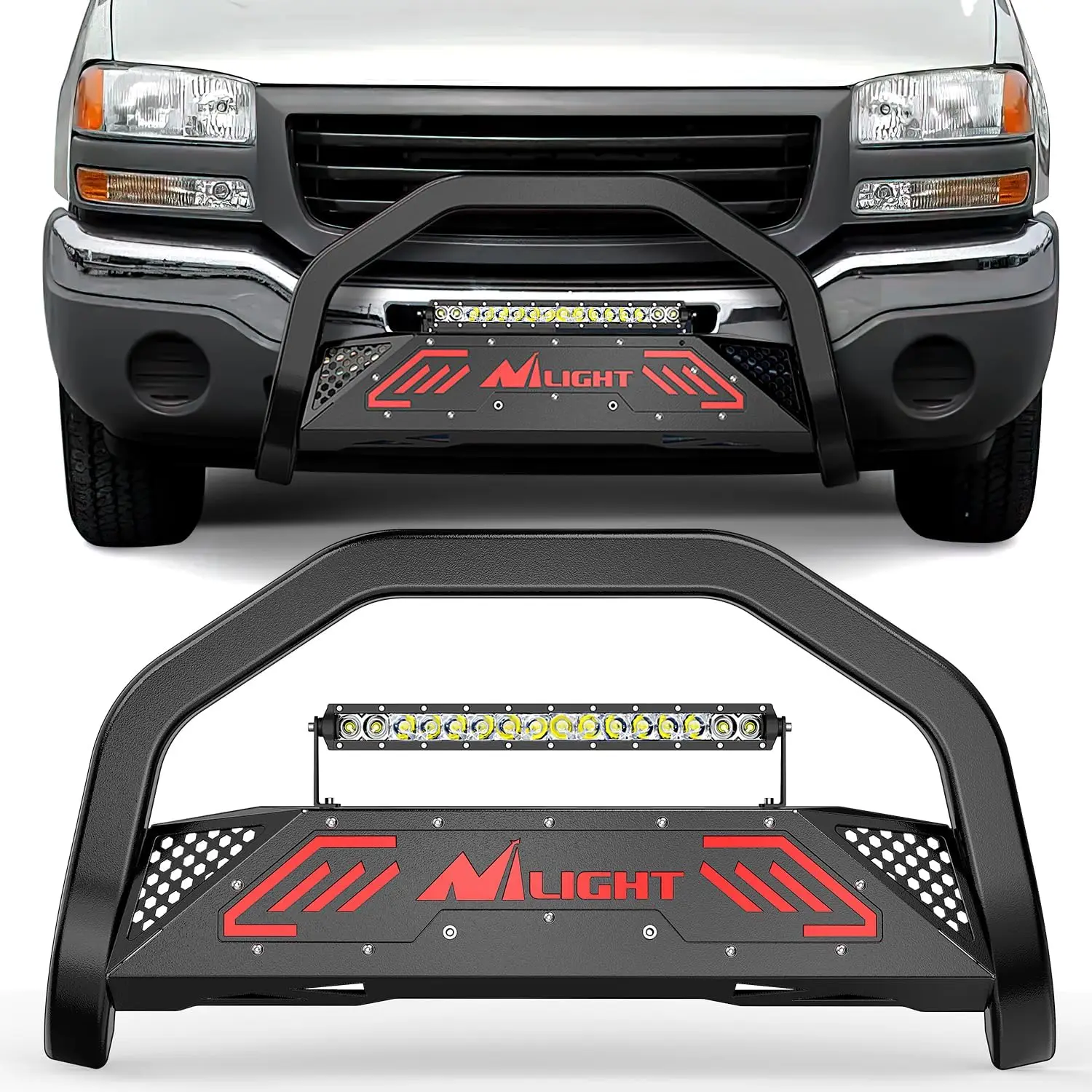Nilight Bull Bar with Light Fits 1999-2006 Chevy Silverado & GMC Sierra (07 Classic)/ 2000-2006 Suburban Tahoe & Yukon & XL / 2002-2006 Avalanche Front Bumper Grille Guard with Skid Plate Licence Hole