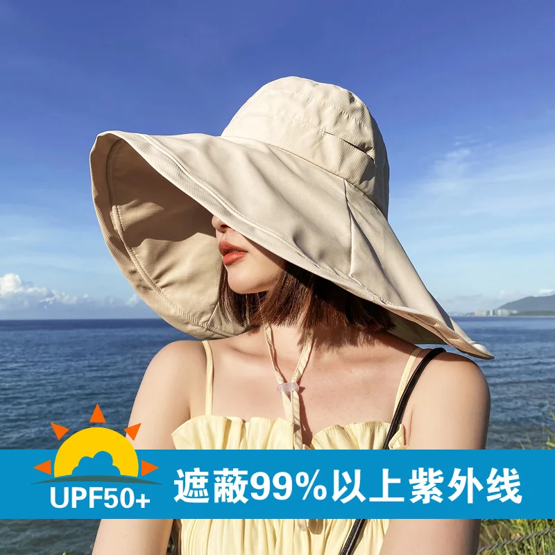 Large Brim 18cm Sun Hat  with String Women UV Protection Female Outdoor Fisherman Cap Fold Summer Beach Solid Bucekt Hat