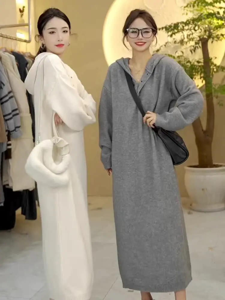 

Autumn Winter New Lazy Sle Hooded Mid-Length Loose Thiened Slimming Versatile Knitted Sweater Base Layer Thiened Sweate...