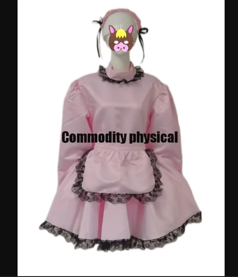 

Sissy Lovely Maid Satin Pink Lockable LACE APRON Dress Role Play Costume Customization