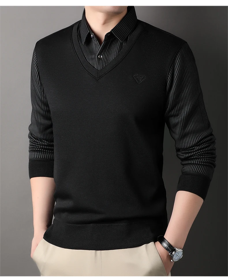 Männlich Herbst Stricken Pullover Polo Shirts Hemd Kragen Pullover Pullover herren Business Casual Mode Streifen Top Kleidung – Detail 9