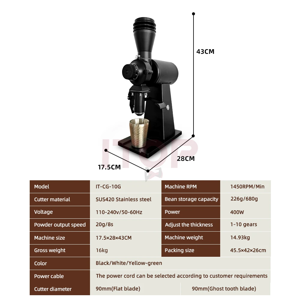 ITOP 90mm Coffee Grinder Updraded Titanium Flat Burr and DC Motor Espresso Bean Mill 110V 220V IT-CG-10G