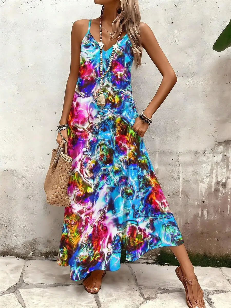 

Abstract Art Print V-Neck Cami Maxi Dress Colorful Summer Beach Wear