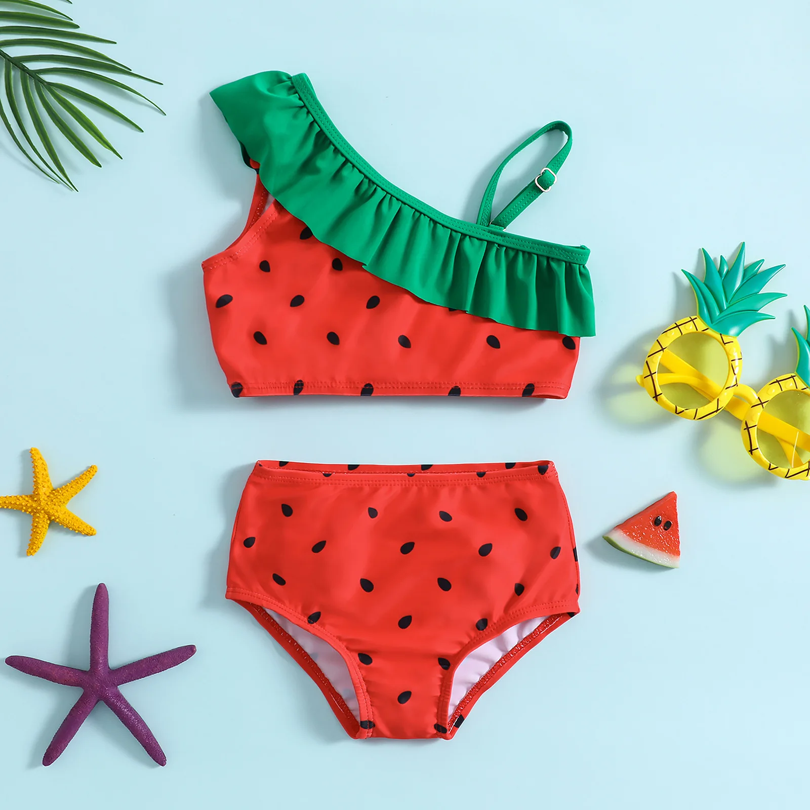 Summer Baby Girl Strawberry Printed Ruffled Bikini Tankini Sets with Hat Kids Two Pieces Swimsuit Swimwear Beach Bathing Suit