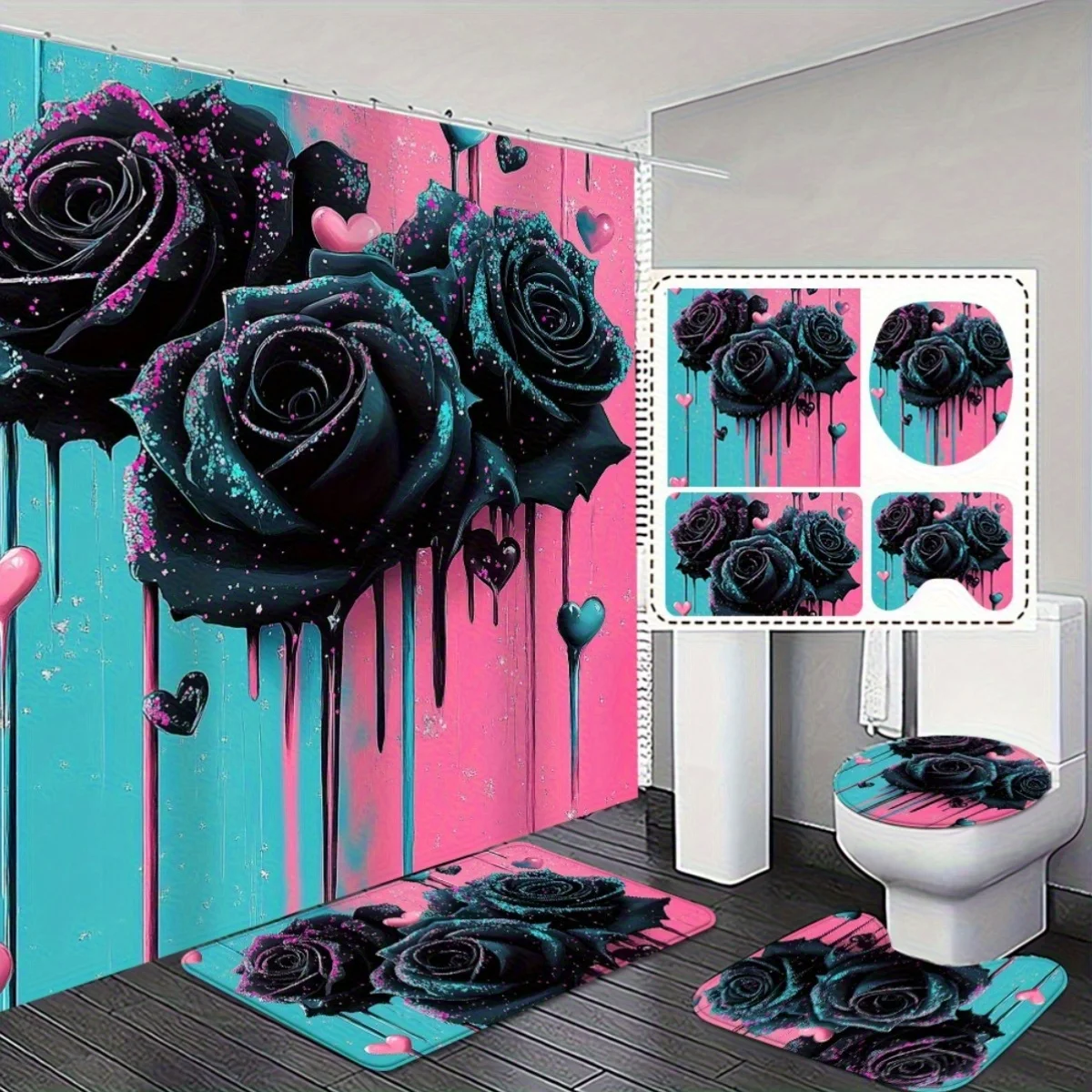 

4pcs. Elegant and gorgeous Stylish Black Rose Shower Curtain and Non-Slip Bath Mat Set - Perfect for Modern Bathroom Decor