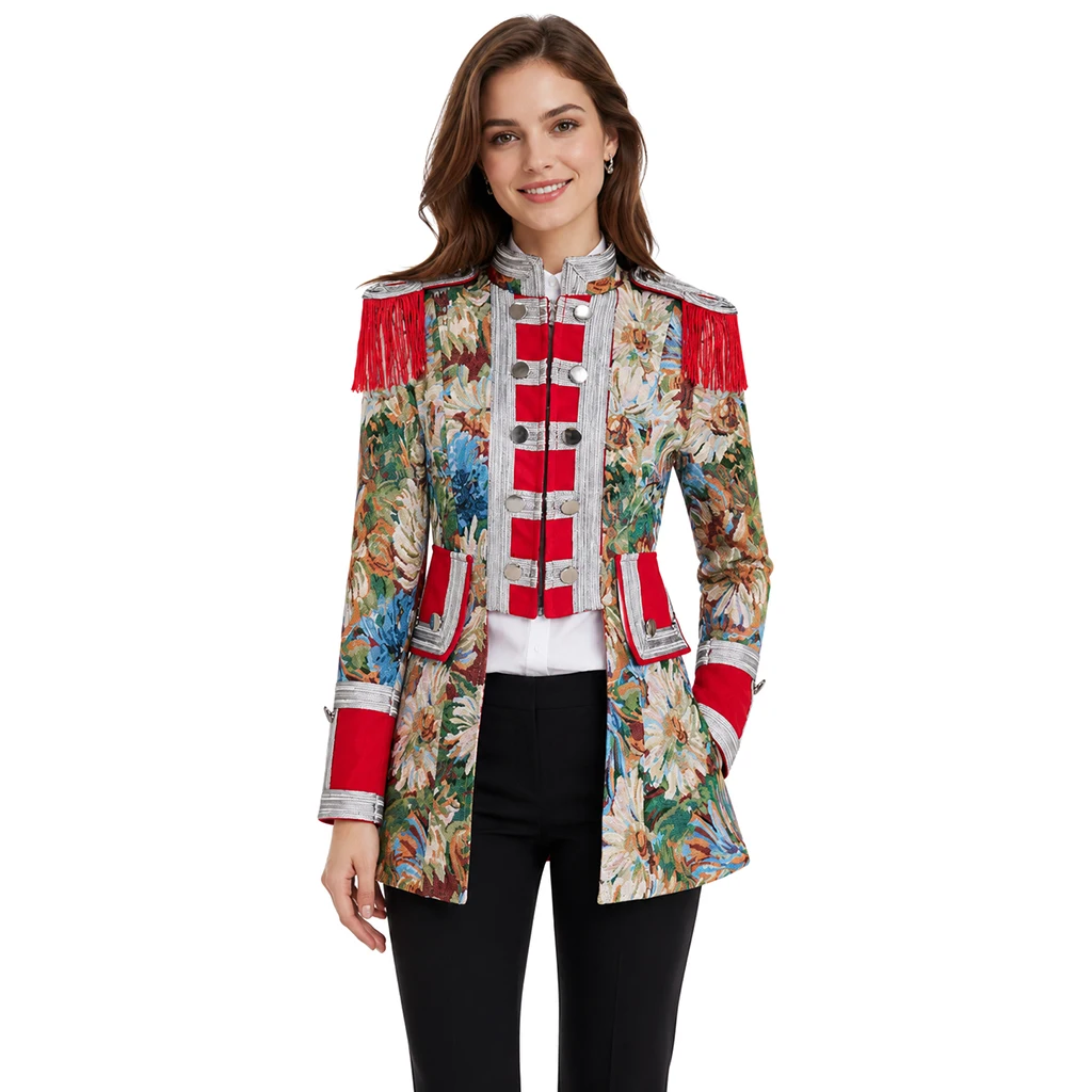 Florale Napoleon-Militärjacke für Damen, Doppelreihiger Viktorianischer Steampunk-Militärtailcoat, Zirkusdirektor-Jacke, Frack, Uniform
