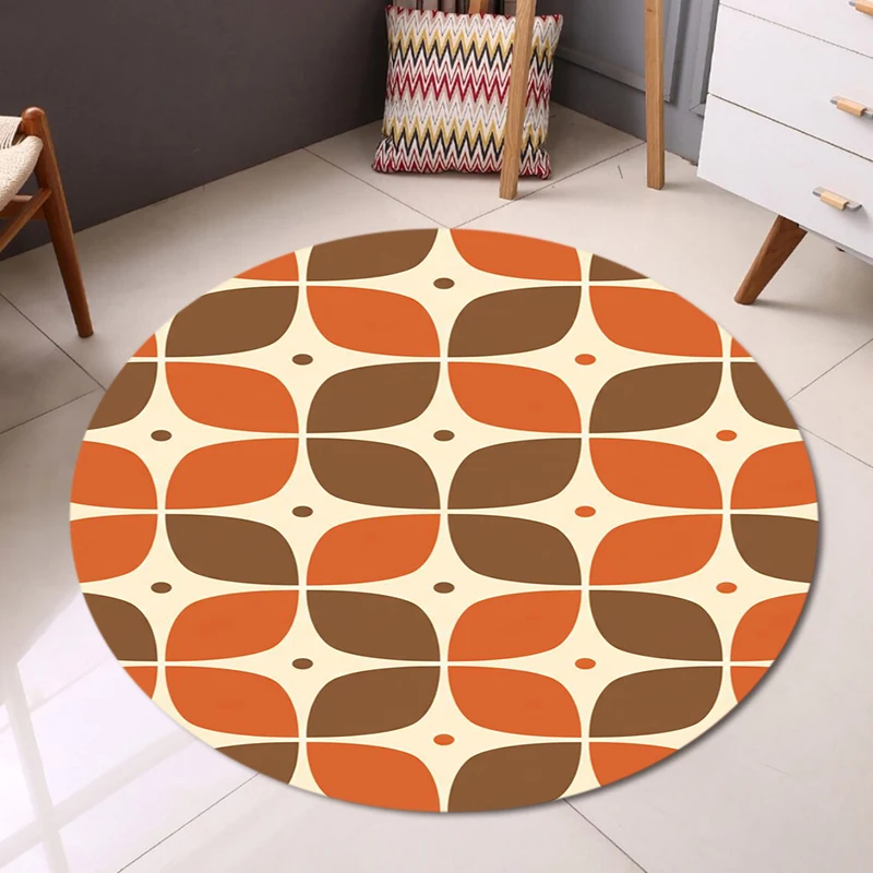 Retro Leaf Grid Round Rug  Mid Century Orange Brown Geometric Decorative Carpet for Indoor Home Decoration Rug