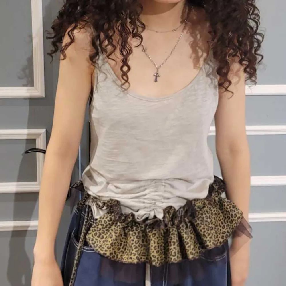 Hip-hop Leopard Print Hip Scarf Skirt Shirt Extender Mesh Ruffled Edge Waistband Y2K Sweet Layer Outfits Belt