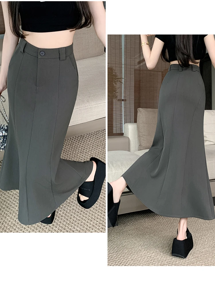 Falda larga de cola de pez de estilo coreano a la moda para mujer, faldas ceñidas Vintage de cintura alta para mujer, Falda Largas Beige, negro y gris