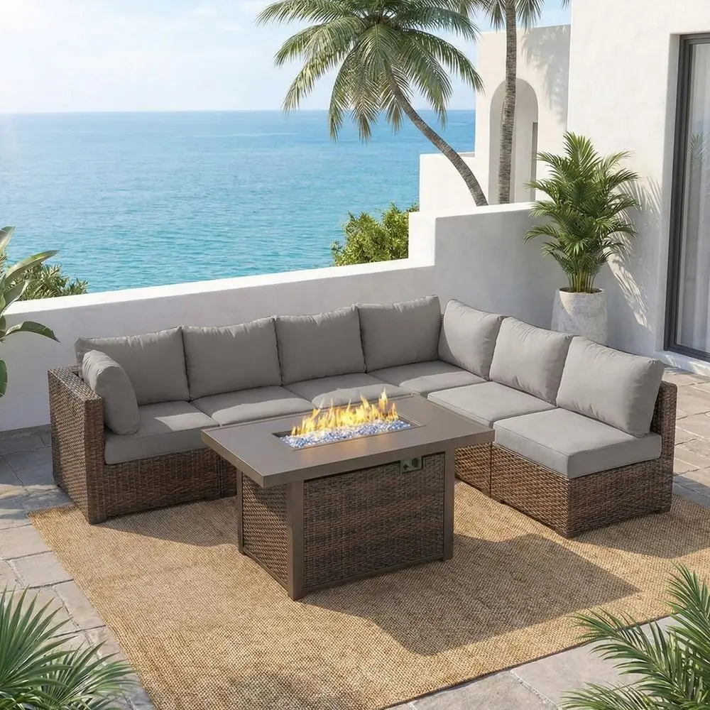 

Piece Outdoor Patio Furniture Set with 42 Fire Pit, Wicker Furniture Sectional Conversation Sofa Set with Comfortable Cushions,