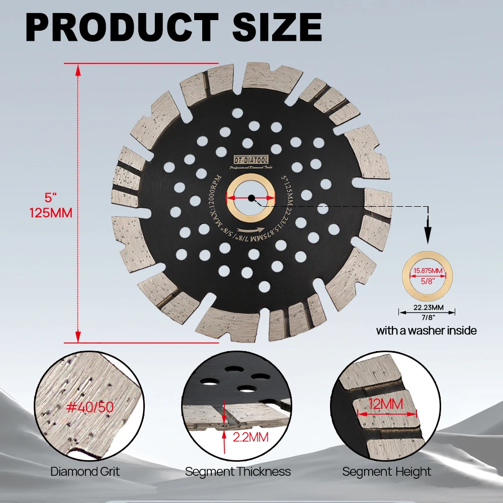 DT-Diatool 1/2/3/5Pcs Dia 125mm Multi-Hole Dry Saw Blades Cutting Discs for Granite Concrete Masonry V-Tooth Corrugated Dry Cut