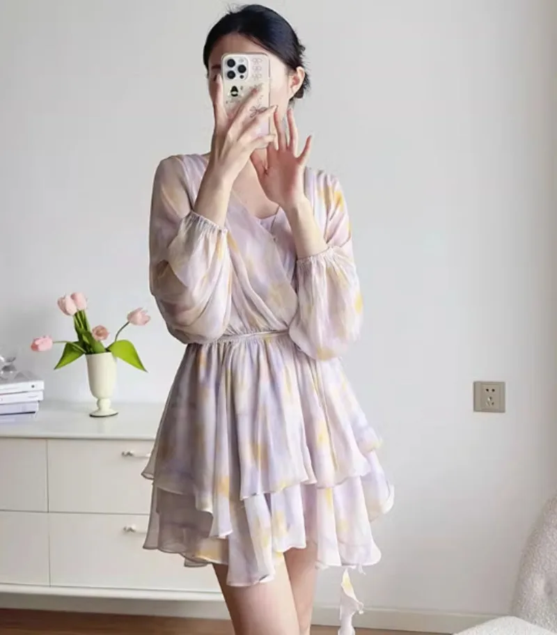 Lace-up chiffion com decote em v vestido feminino verão streetwear roupas elegantes senhora manga longa em camadas babados vestidos bodycon