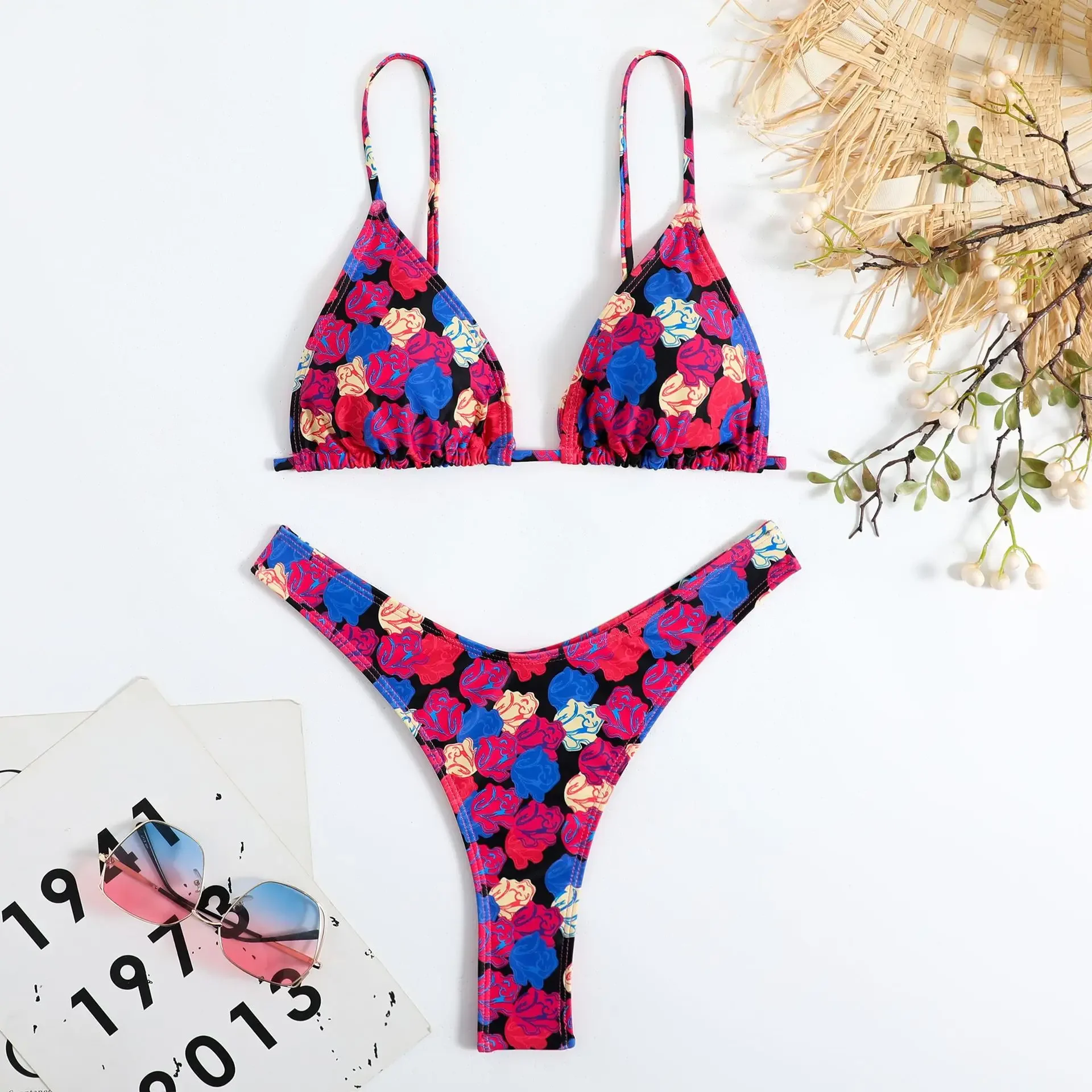 Seksowny kwiatowy nadruk mikro mini bikini w kształcie litery V stringi trójkątne stroje kąpielowe stringi strój kąpielowy kobiety biquini bikini set kostiumy kąpielowe