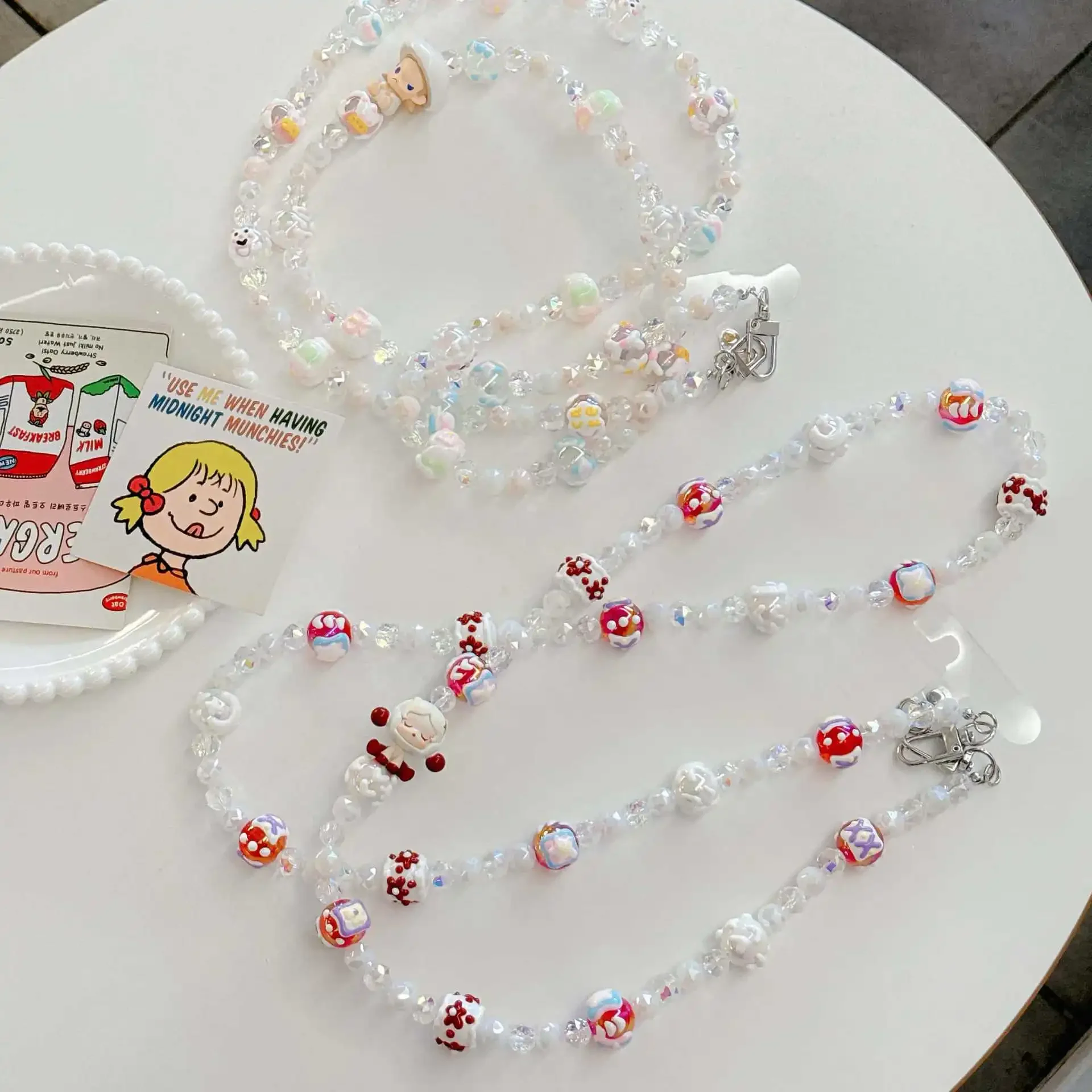 Cute Bubble Mart Cartoon Doll Phone Chain Crossbody Bag Hand-Painted Beaded Long Chains Shoulder Strap