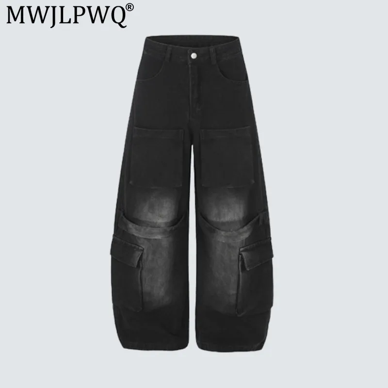 MWJLPWQ Washed Distressed Multi-Pocket Jeans Men's American Retro Wide-Leg Cargo Pants High Street Casual Trousers Unisex 20423