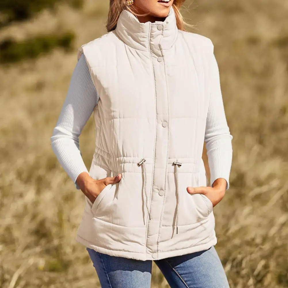 Winter Women Vest Coat Thickened Padded Button Closure Stand Up Collar Sleeveless Solid Color Drawstring Tight Waist Windproof H