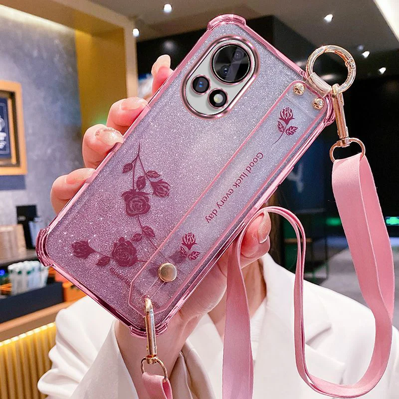 

For Huawei Nova 13 Case Wrist Strap Crossbody Lanyard Flowers Gradient Silicon Glitter Back Cover For Huawei Nova13 Soft Case