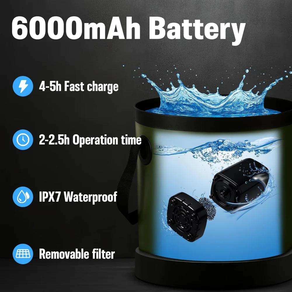 

Portable Camping Shower | 5.3 Gallons Foldable Bucket, 6000mAh Rechargeable Shower Pump, 6' 7" Filtered Shower Head