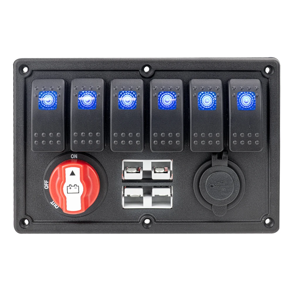 STTL Flame Retardant Materials Anderson Socket Cigarette Lighter Voltmeter Yacht Boat 6 Gang Led Marine Rocker Switch Panel