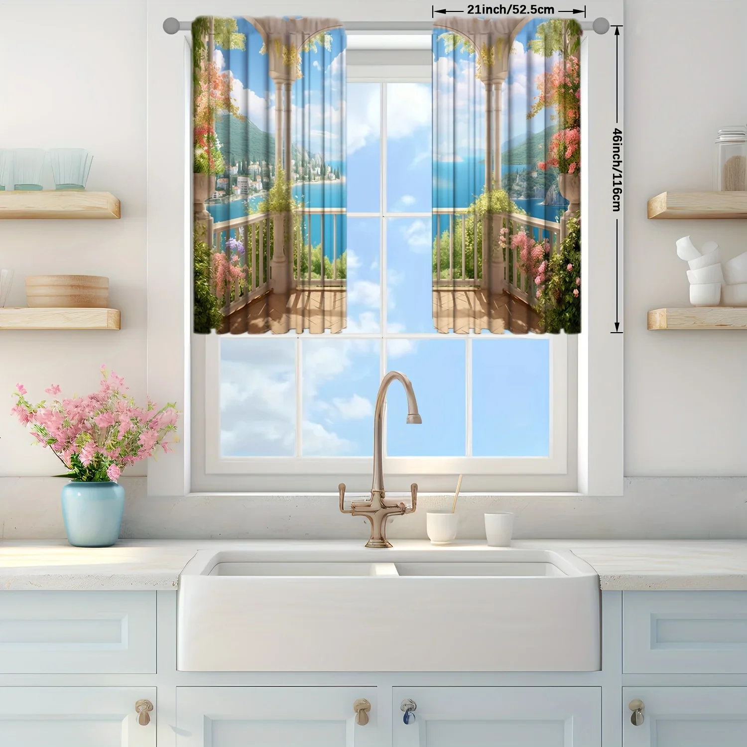 2pcs Balcony Landscape Style Printed Curtain for Home Decor - Rod Pocket Window Treatment for Bedroom,Office,Kitchen,Living Room