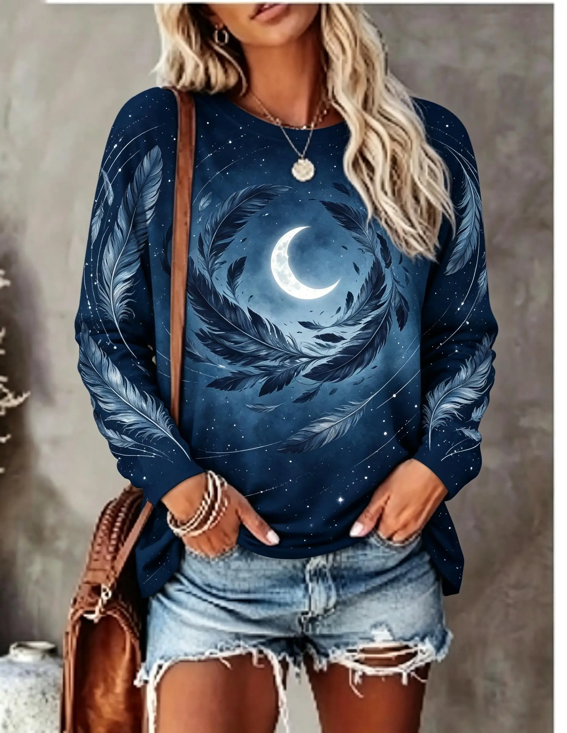 Women Long Sleeve T‑Shirt Vintage Golden Feather Ethnic Bohemian Print Crew Neck Casual Fall Tops
