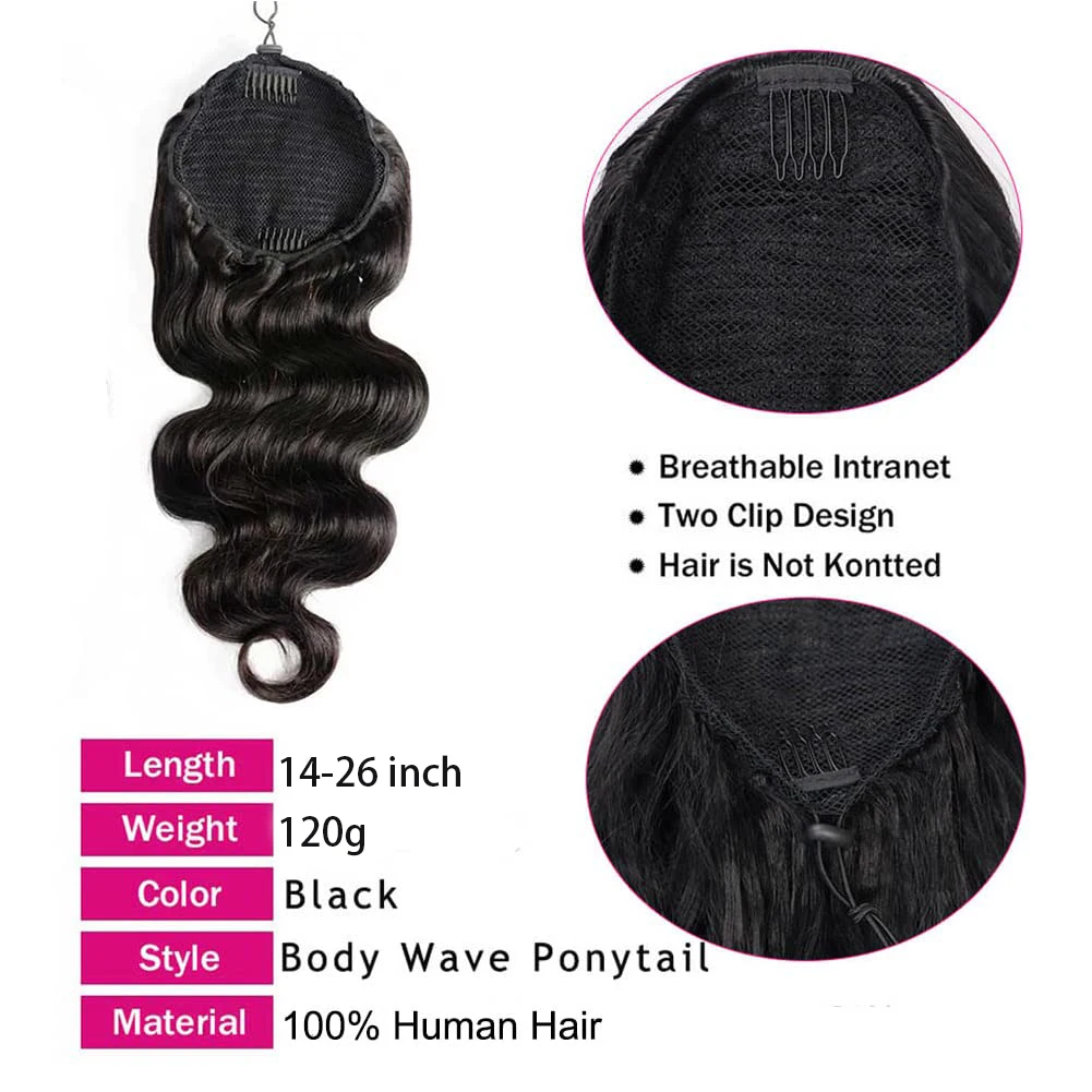 Body Wave Ponytail Human Hair Brazilian 100% Remy Human Hair Ponytail With Drawstring Clip Hair Extensions Natural Color 26 Inch