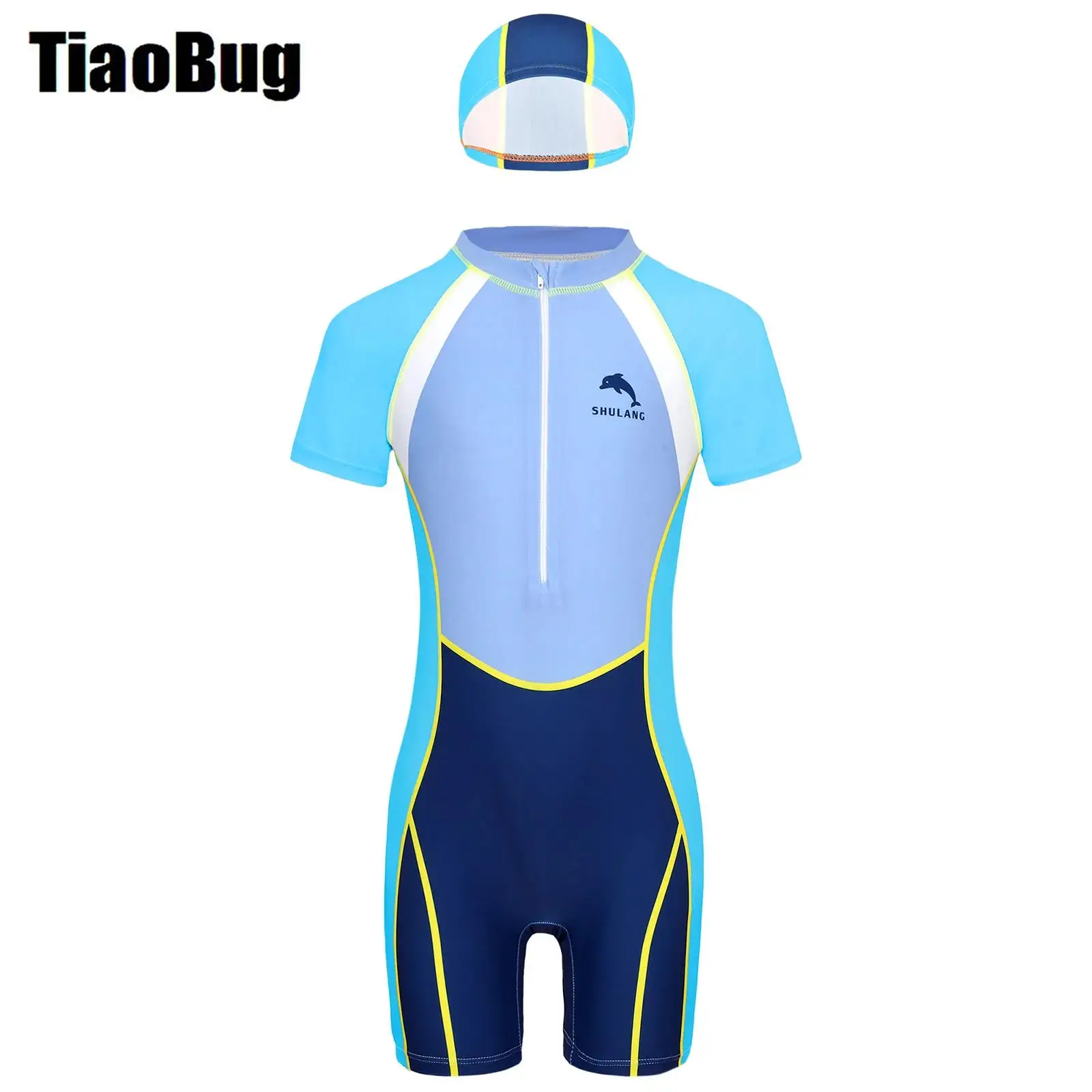 

2Pcs Boy Rash Guard Swimsuit Short Sleeve Front Zipper One Piece Swimsuit with Swim Hat UPF 50+ Beach Bathing Suit