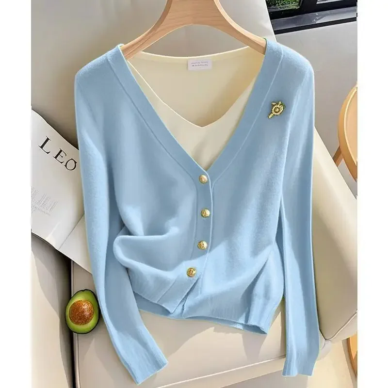 2024 Autumn New Fake Two Pieces Knitting Cardigan Interior Lapping Bottoming Shirt Ladies Simplicity Patchwork V-neck Sweater
