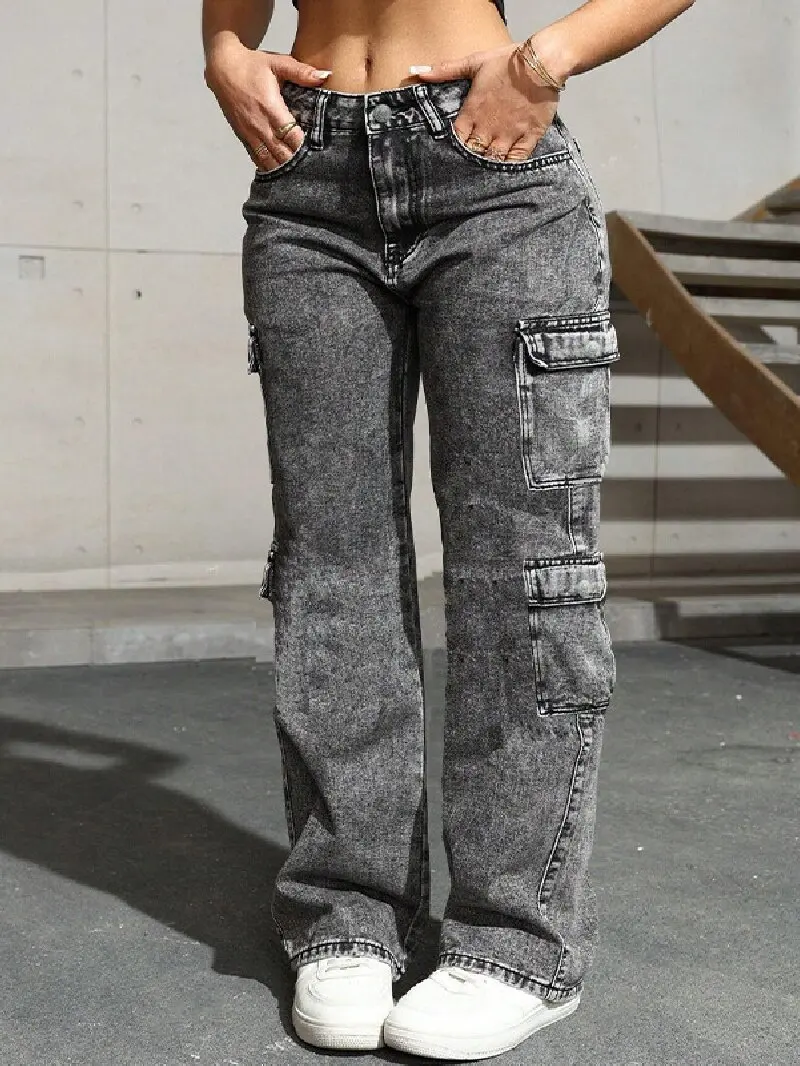 Washed Irregular Jeans Women's Multi Pocket Versatile Cargo Pants Fashionable Mid Waist Youth High Street Straight Leg Pants