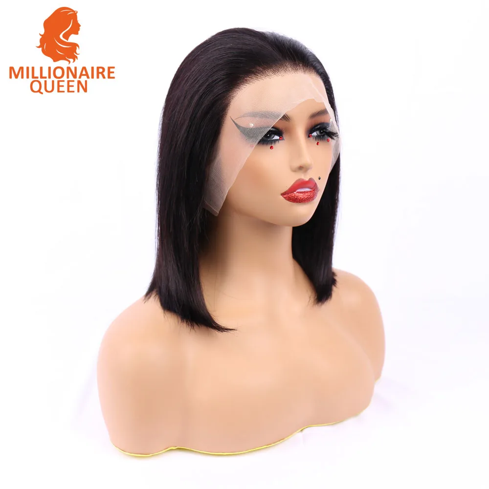 Millionaire Queen Natural Black Bob Hair Wig Density 180 Human Hair Ready To Wear Straight Transprent 13x4 Lace Frontal Wigs