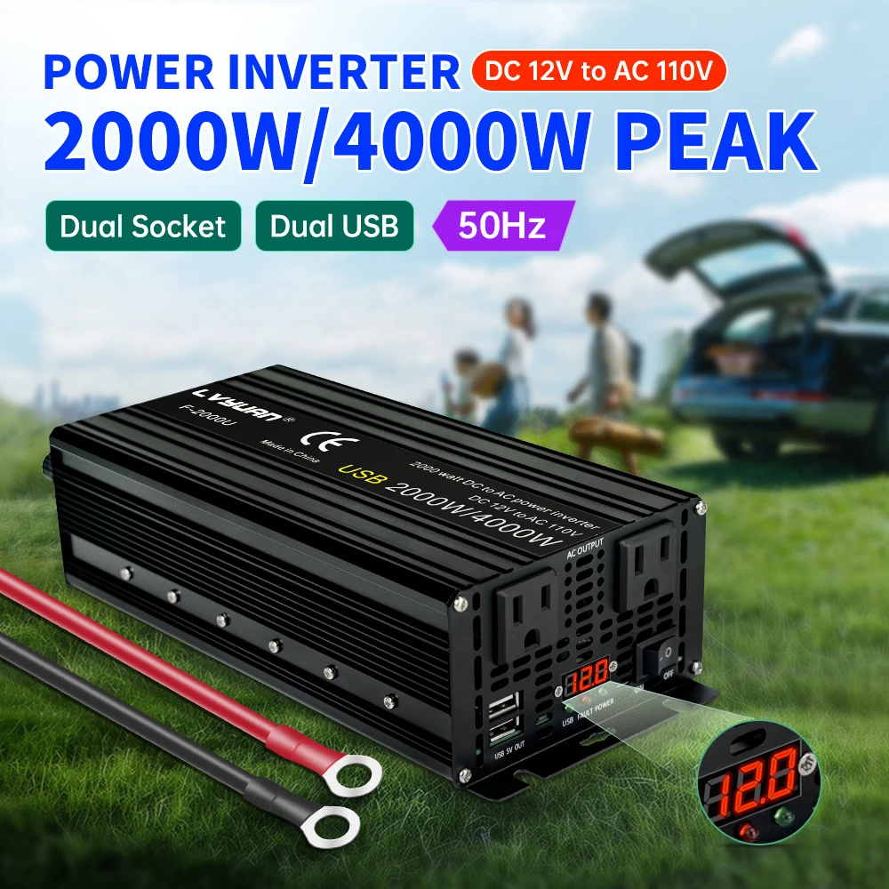 4000W Peak Inverter DC12V/24V AC110V/220V LVYUAN Power Converter Smart LED Display 2000 Watts Continuous Power