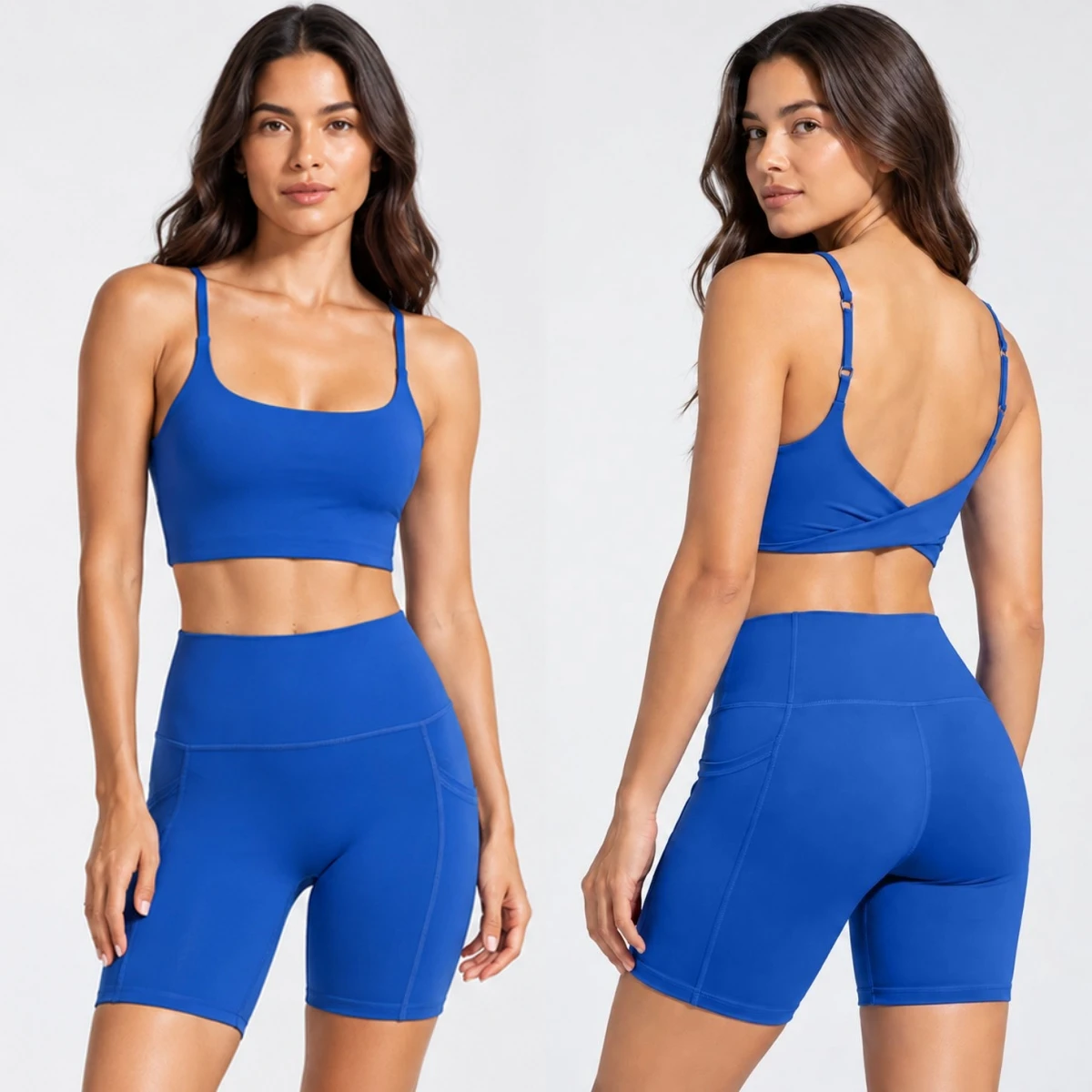 Women 2Pcs Yoga Workout Set Adjustable Strap Twist Back Sports Bra High Waist Side Pocket Biker Shorts Gym Fitness Clothing Set