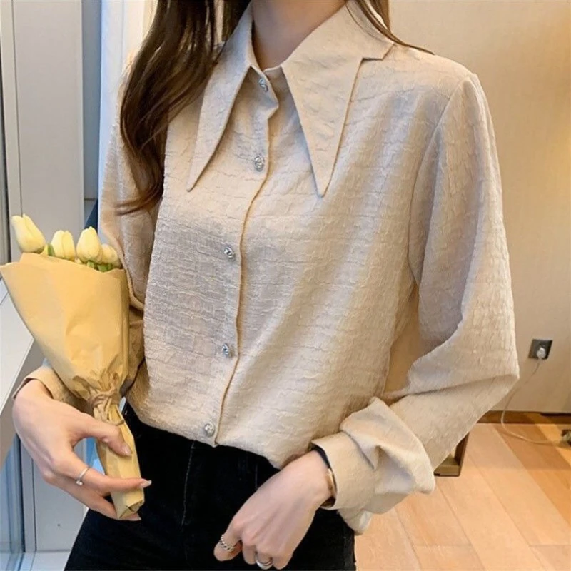 Women Elegant Chiffon Blouse 2026 Autumn Long Sleeve Pleated Office Work Shirt Loose Fashion White Tops