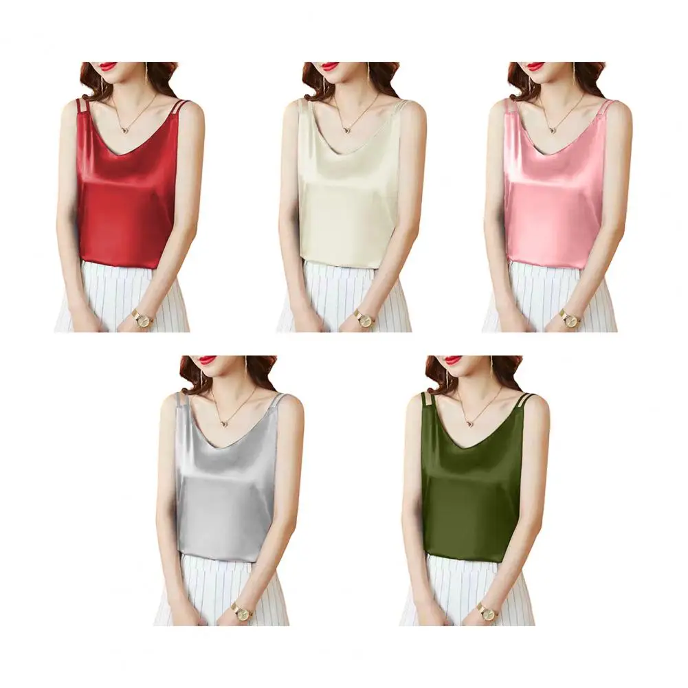

White Basic Women Silk-Like Satin Tops Vest Summer Sexy Camis Tank For Ladies Strappy Camisole Top Shirts Femme Clothes