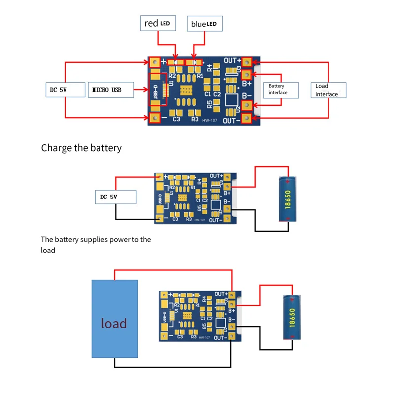 AS95-50 PCS TP4056 Micro-USB 18650 Lithium Battery Charging Board 5V 1A Charger Module With Protection Dual Functions Blue PCB