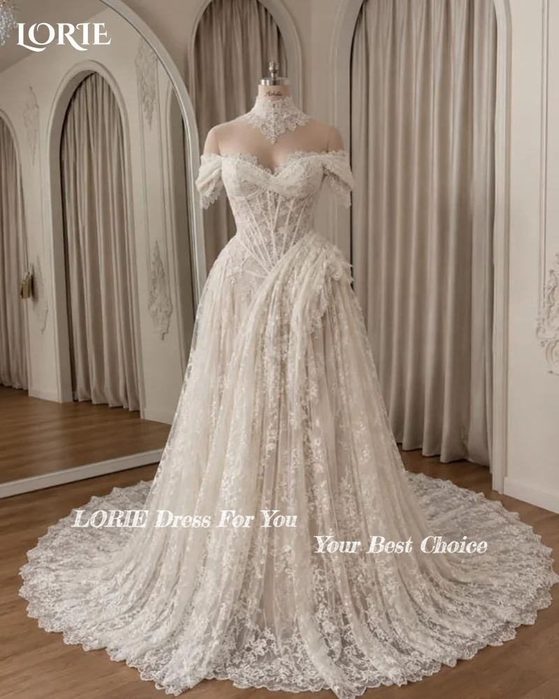 LORIE Off Shoulder Boho Wedding Dress 3D Flowers Lace A-Line Sweetheart Princess Bride Gown Customized Plus Size Bride Dress 202