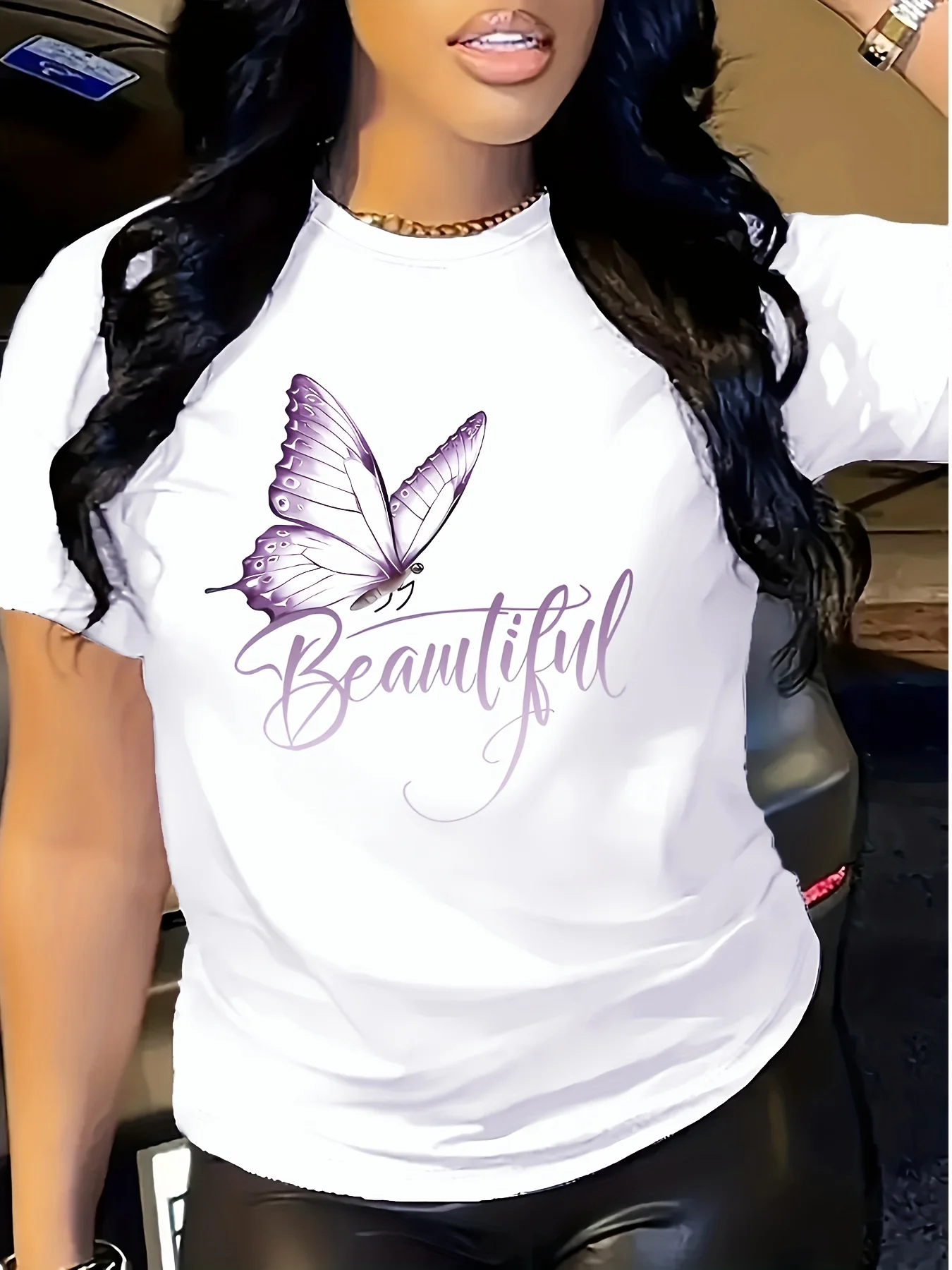 Women's Casual Yellow T-shirt with Inspirational Butterfly Print, Short Sleeve, Round Neck-Polyester Fiber, Machine Washable, Perfect for Spring/Summer, Women's T-shirt