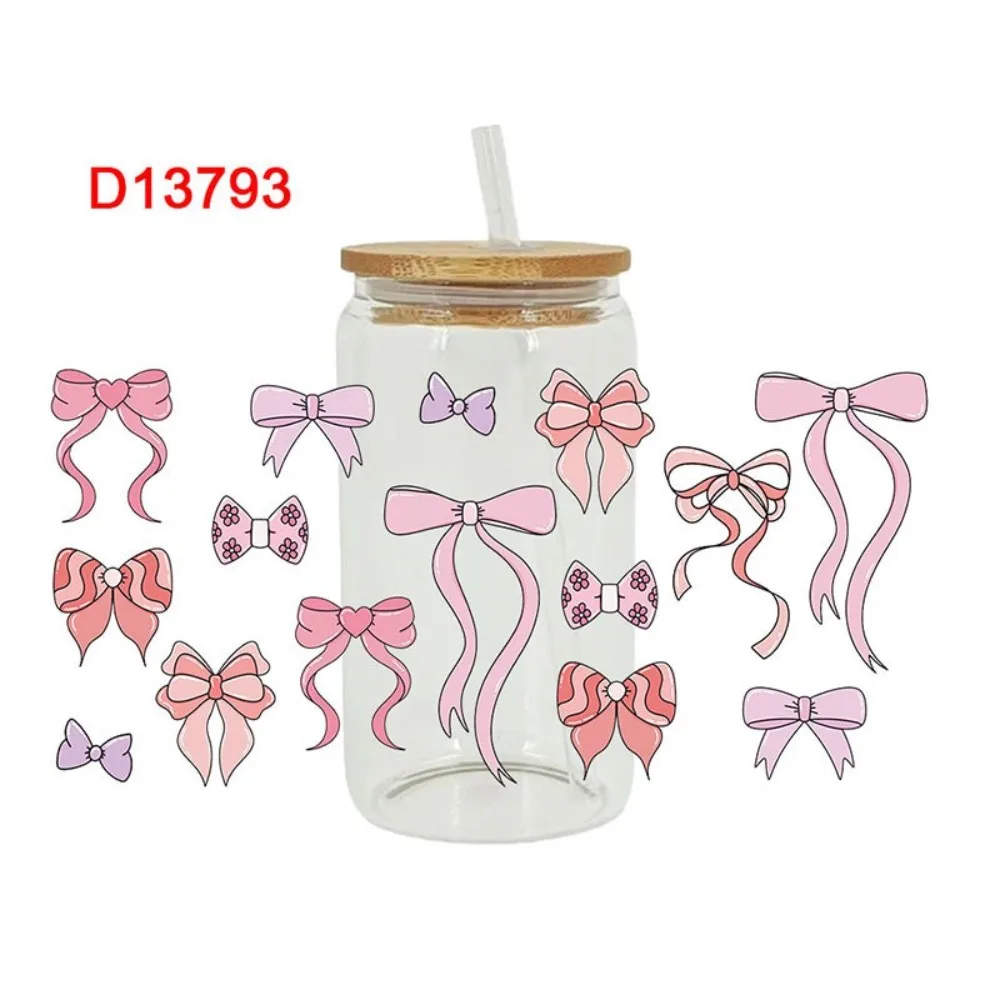 Diy Waterproof UV DTF Transfer Sticker Clear Smooth Pink Bow Decals Wrap Stickers For 16Oz Glass Cup