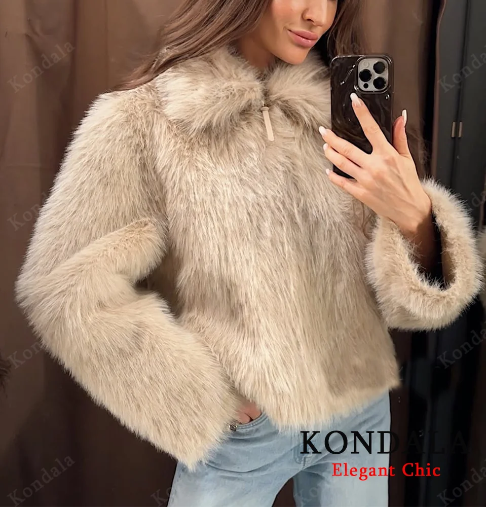 KONDALA меховая куртка на молнии, женская осенне-зимняя верхняя одежда, повседневная куртка из искусственного меха, модная уличная элегантная женская меховая куртка 2025 г.