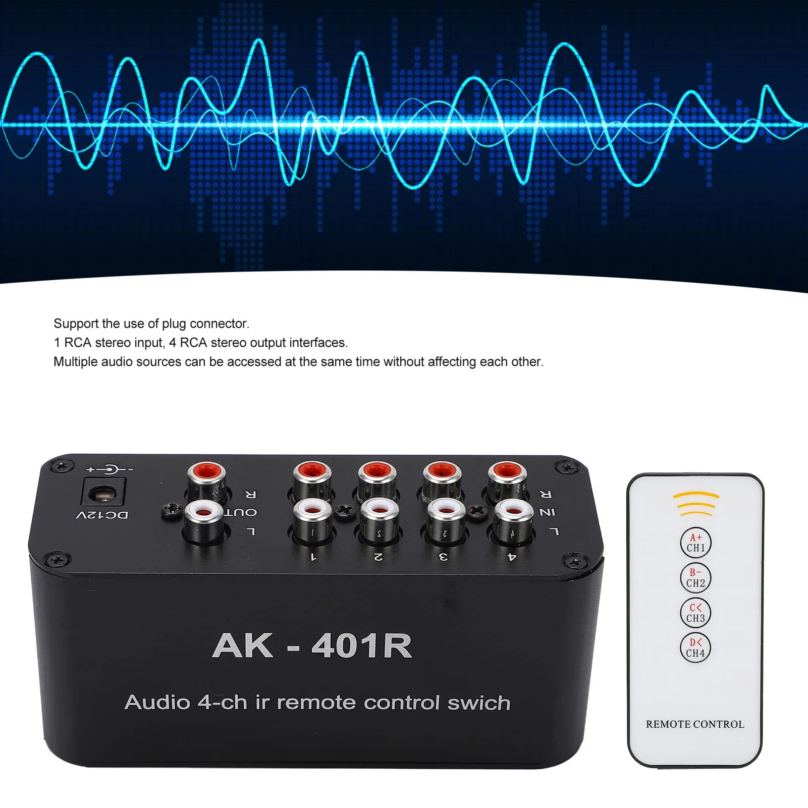 Interruptor de áudio 1 entrada estéreo rca 4 interfaces de saída estéreo rca múltiplas fontes de áudio podem ser conectadas interruptor de sinal de áudio