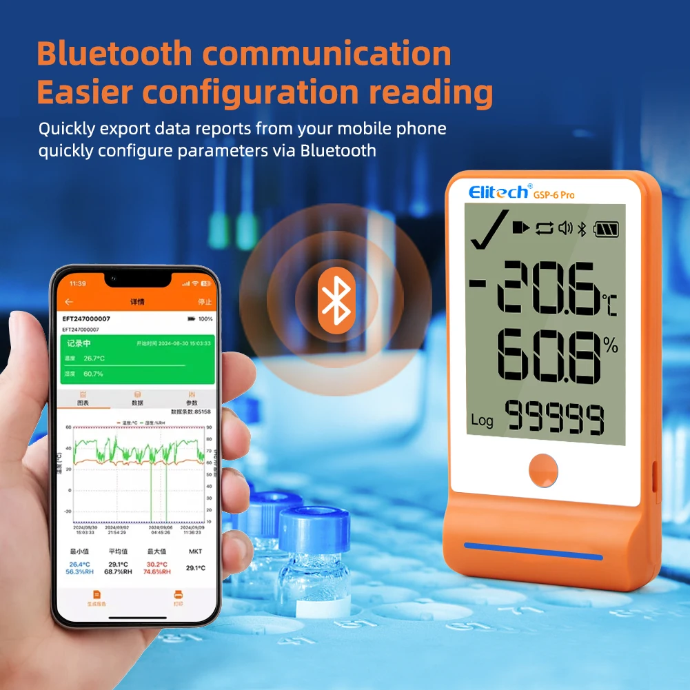 GSP-6PRO Bluetooth-Datenlogger für Temperatur und Luftfeuchtigkeit 100.000 Punkte, automatischer Bericht mit Alarm, Kühlschrank, Thermohygrometer-Recorder