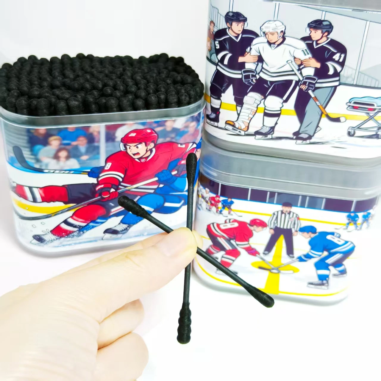 400개/600개 하키 테마 면봉 검정색 양면 선물용 면봉