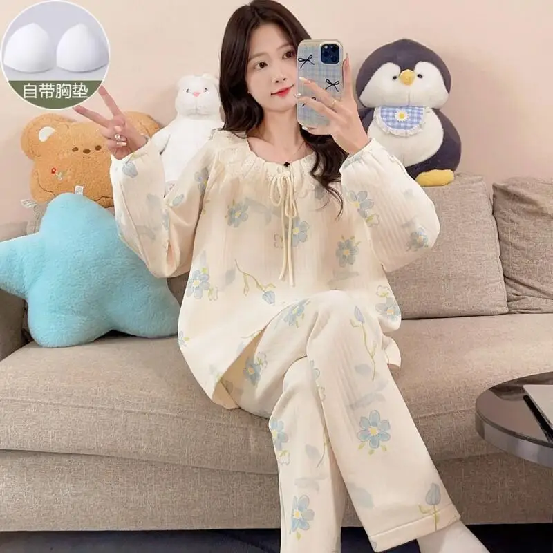 

New Hot Women Pajamas Set Air Cotton Lined Homewear Spring Autumn Thick Korean Style Sweet Long Sleeve Pants with Chest Padding