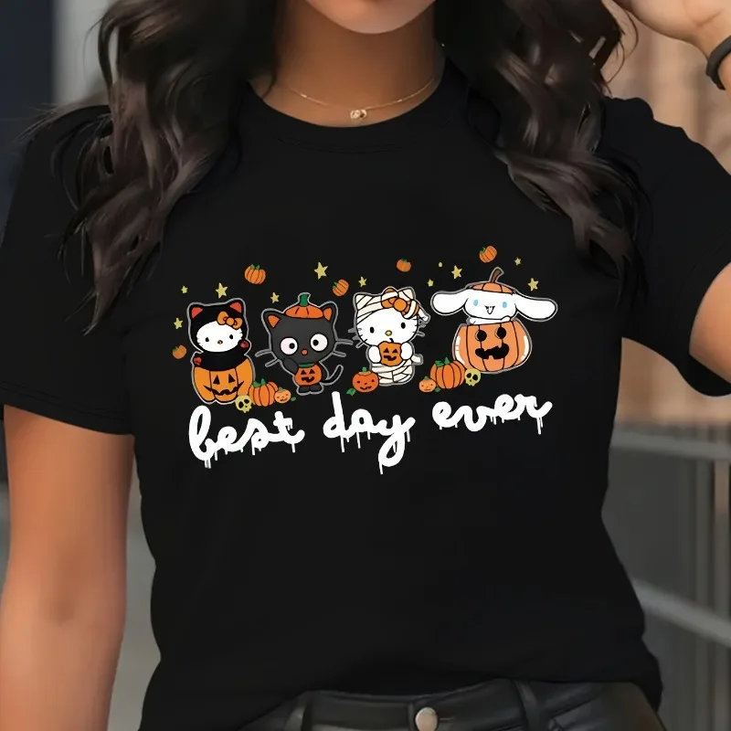 

Halloween Hello Kitty Original Cartoon Printed T-Shirt Sanrio New Women's Plus Size Holiday Gift Loose Casual Short Sleeve Top