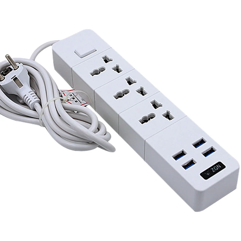 Power Strip Surge Protector With 4 USB And 3 Outlets Ports 3000W 16A 6.5 Feet Extension Cord For Dorm Home