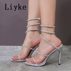 Liyke Sexy Snake Twine Around Ankle Strap Sandals Women Elegant Wedding Party Shoes Summer Open Toe Rhinestone High Heels Silver